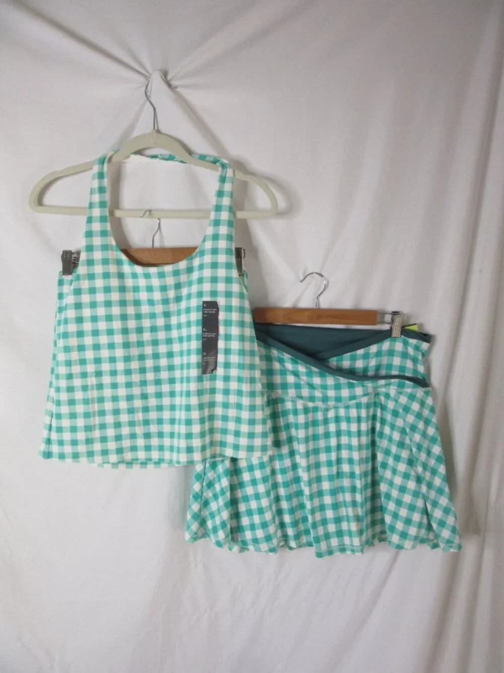 All in Motion 2 Piece Active Set Skort Halter Green White Gingham Size XL NWT